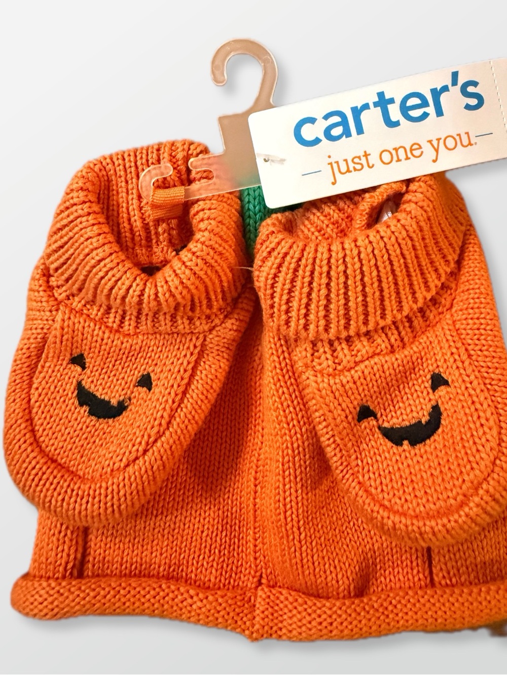 Carter's Halloween Orange Knit Baby Booties and Hat with Jack-O'-Lantern Faces